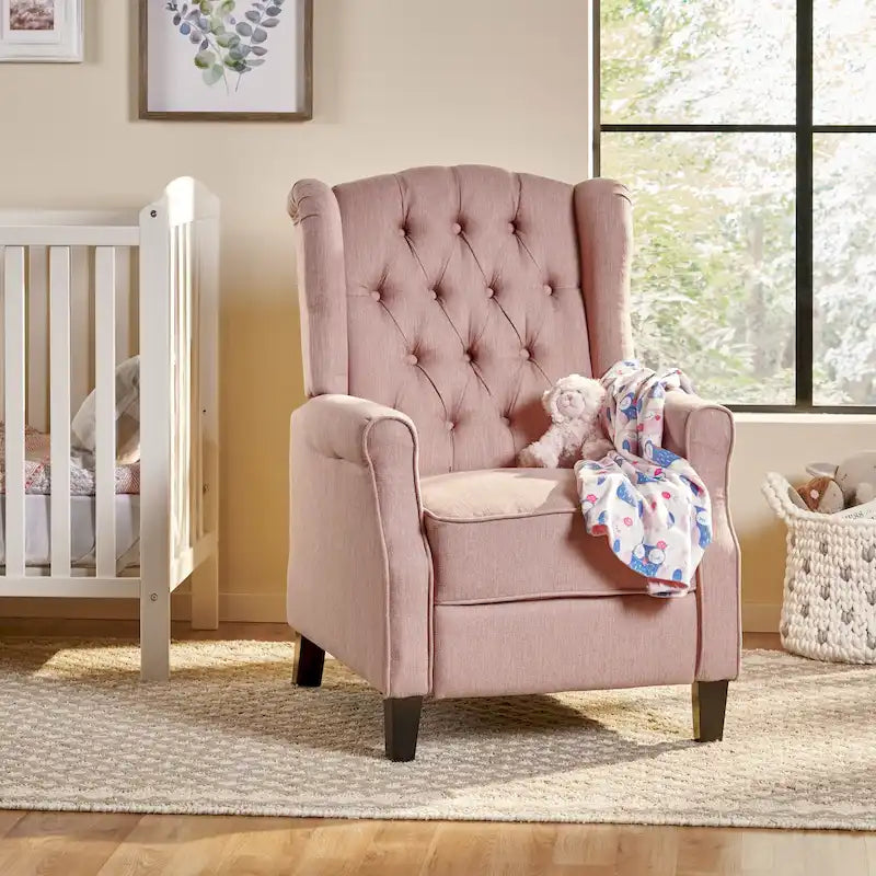 Modern Wingback Push-Back Recliner with Button-Tufted Back & Birch Legs