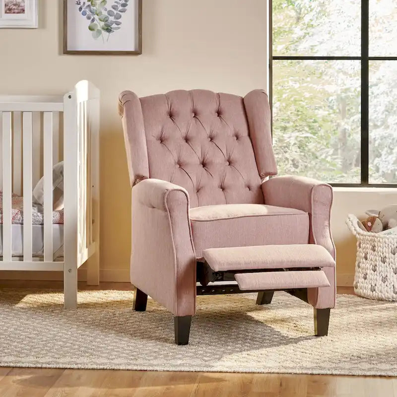 Modern Wingback Push-Back Recliner with Button-Tufted Back & Birch Legs