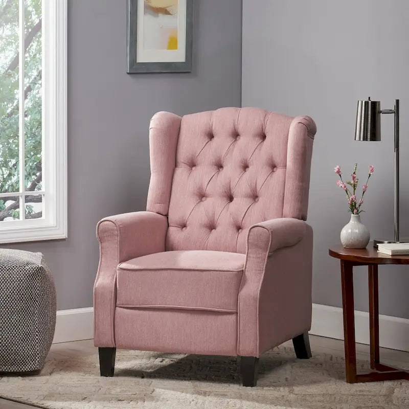 Modern Wingback Push-Back Recliner with Button-Tufted Back & Birch Legs