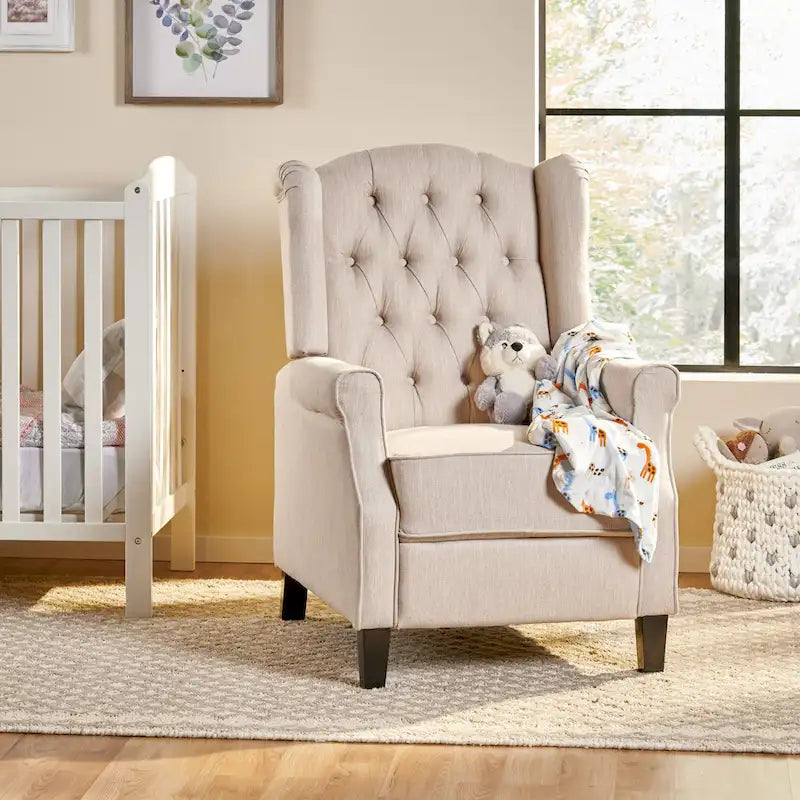 Modern Wingback Push-Back Recliner with Button-Tufted Back & Birch Legs