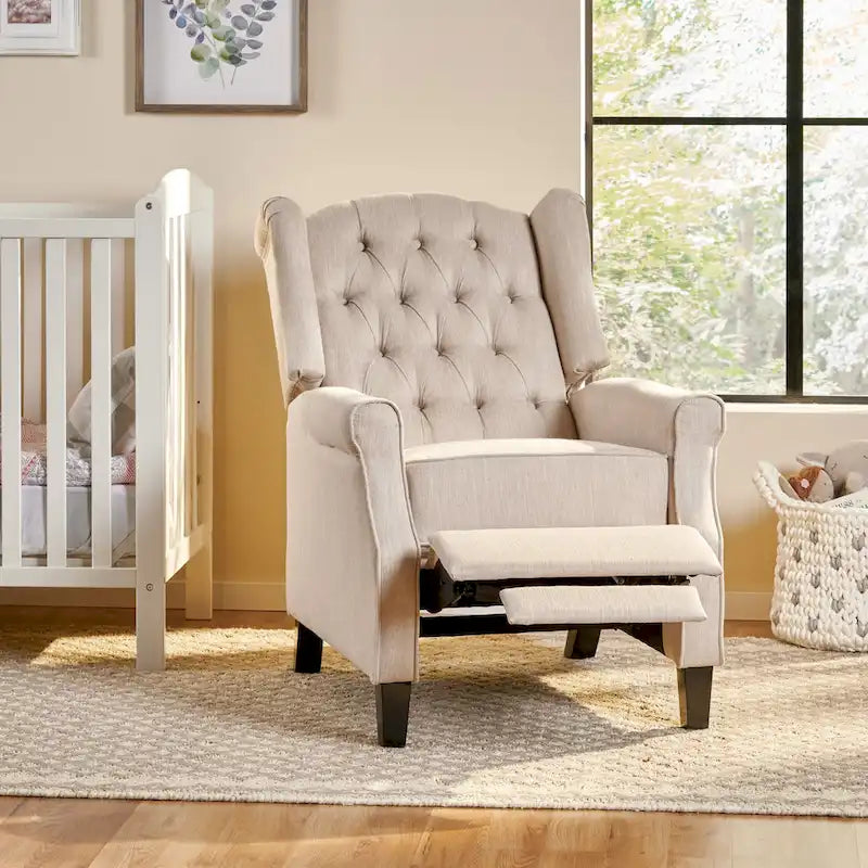 Modern Wingback Push-Back Recliner with Button-Tufted Back & Birch Legs