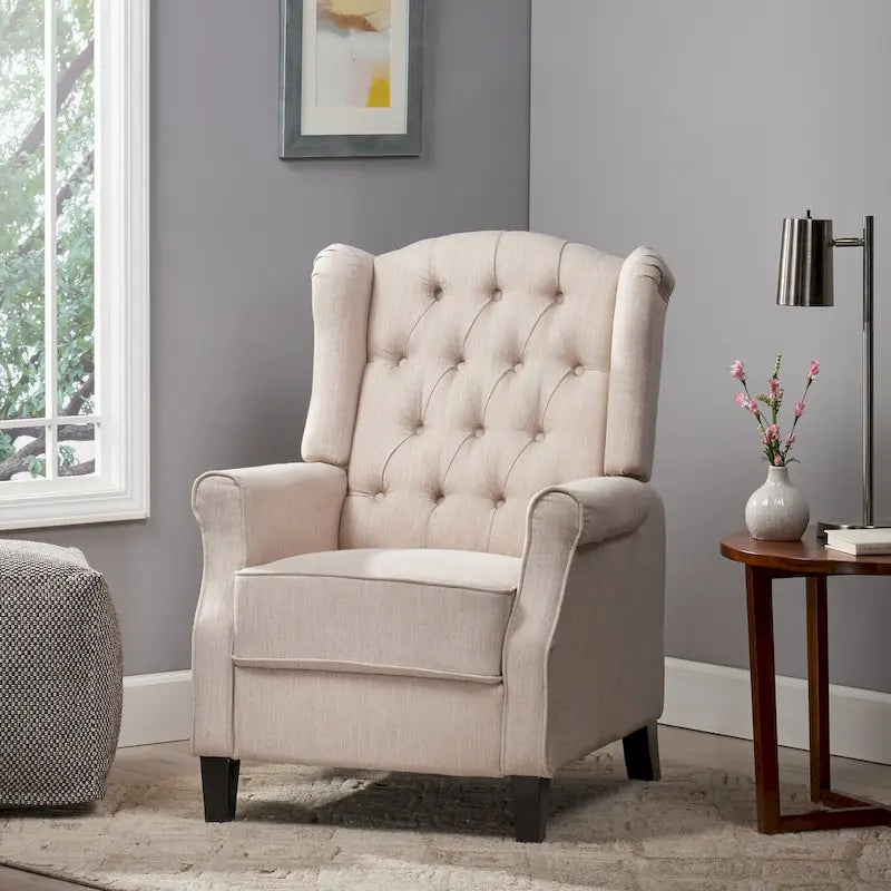 Modern Wingback Push-Back Recliner with Button-Tufted Back & Birch Legs
