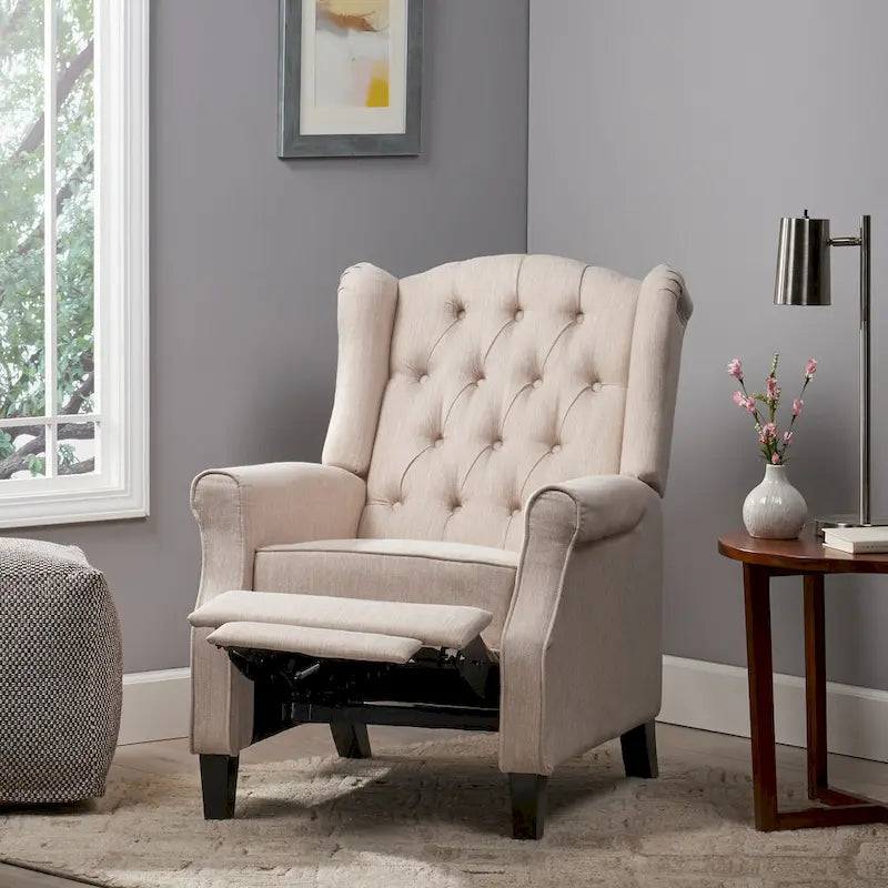Modern Wingback Push-Back Recliner with Button-Tufted Back & Birch Legs