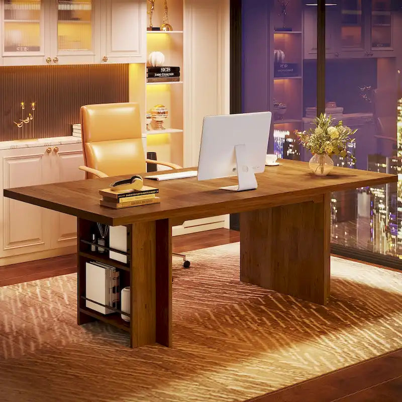 63-Inch Executive Office Desk with Dual-Tier Side Storage Shelves
