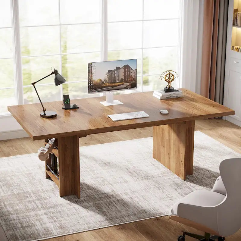 63-Inch Executive Office Desk with Dual-Tier Side Storage Shelves