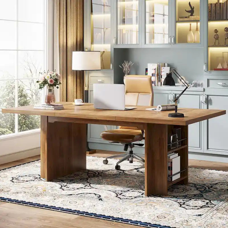 63-Inch Executive Office Desk with Dual-Tier Side Storage Shelves