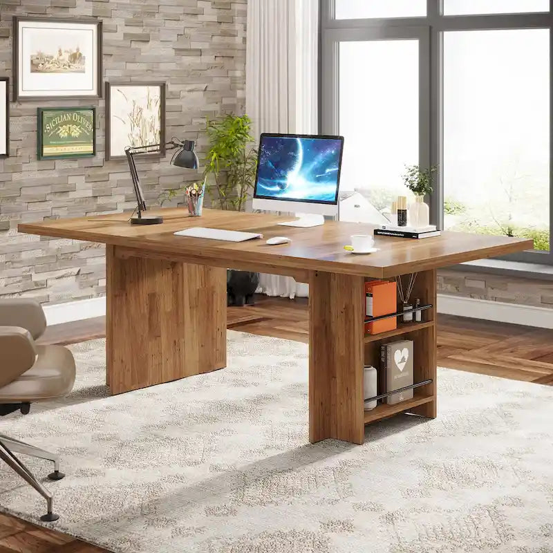 63-Inch Executive Office Desk with Dual-Tier Side Storage Shelves