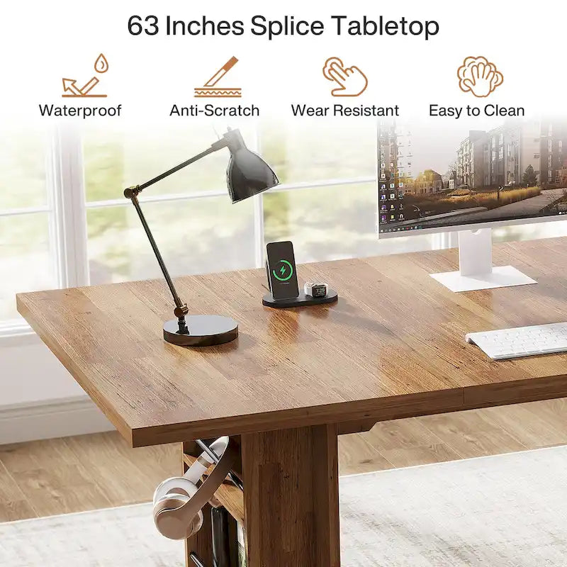 63-Inch Executive Office Desk with Dual-Tier Side Storage Shelves