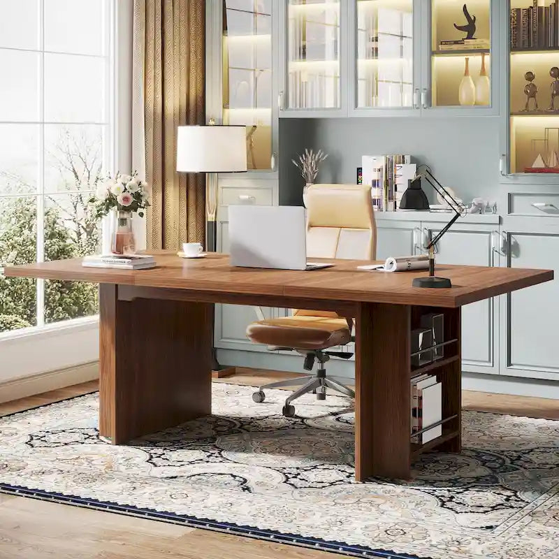 63-Inch Executive Office Desk with Dual-Tier Side Storage Shelves