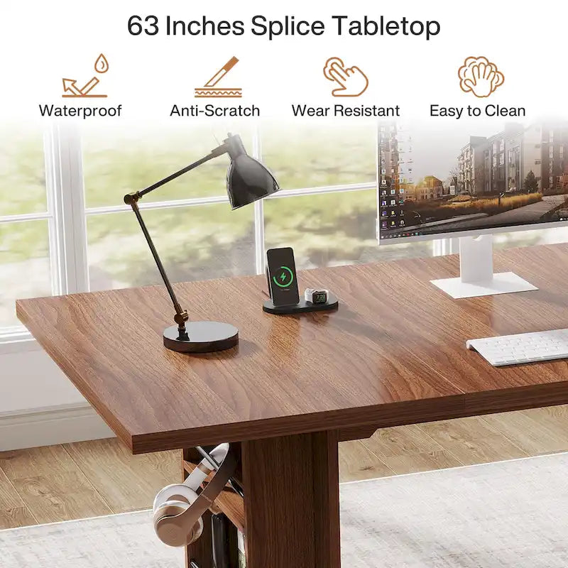 63-Inch Executive Office Desk with Dual-Tier Side Storage Shelves