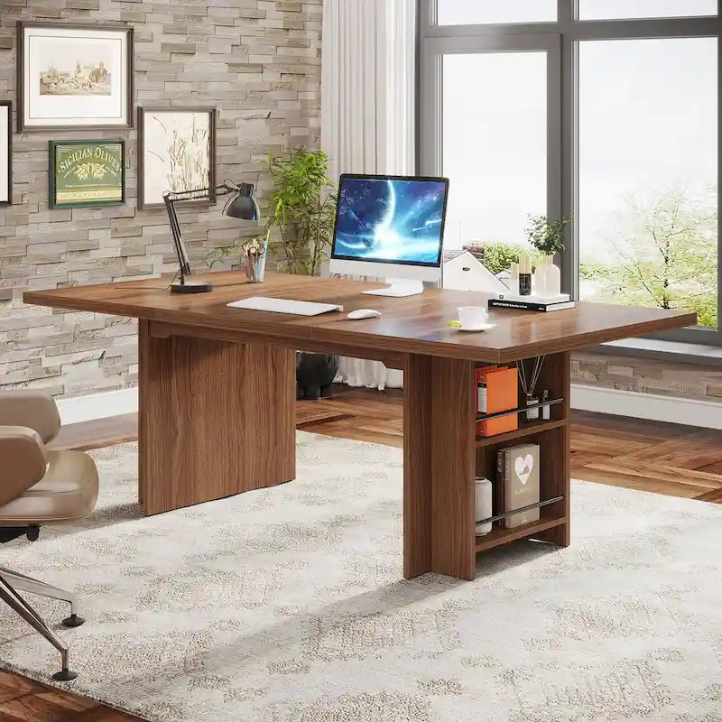 63-Inch Executive Office Desk with Dual-Tier Side Storage Shelves