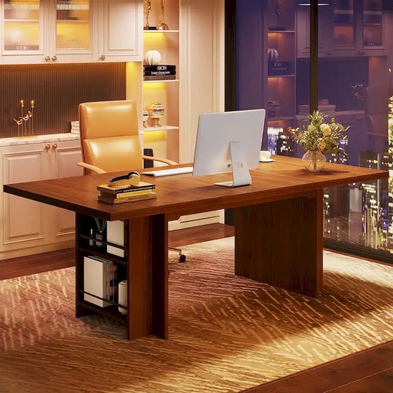 63-Inch Executive Office Desk with Dual-Tier Side Storage Shelves
