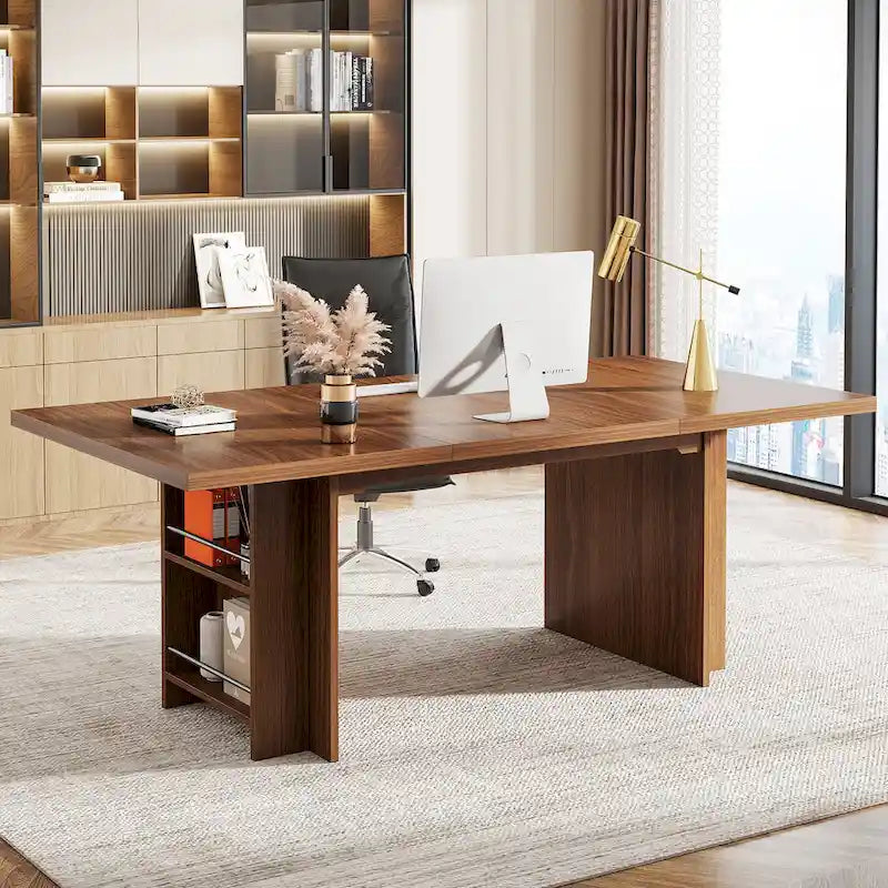 63-Inch Executive Office Desk with Dual-Tier Side Storage Shelves
