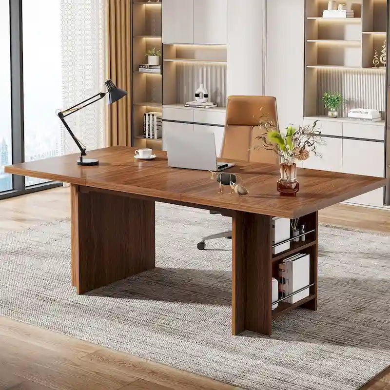 63-Inch Executive Office Desk with Dual-Tier Side Storage Shelves