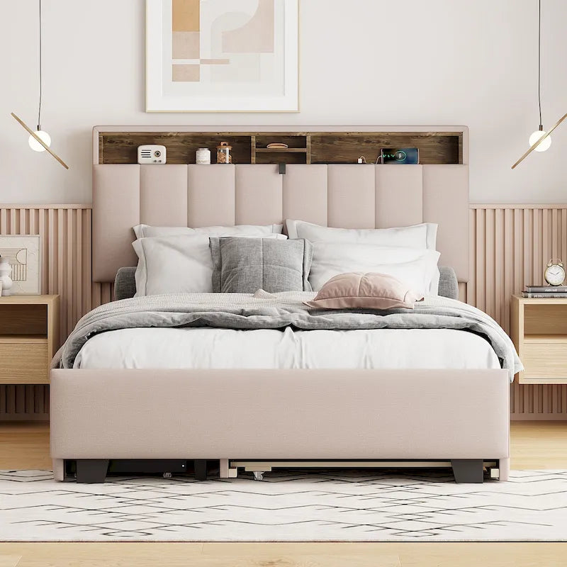 Linen Upholstered Platform Bed with Storage Headboard, Trundle, Drawers and USB Charging
