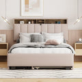 Linen Upholstered Platform Bed with Storage Headboard, Trundle, Drawers and USB Charging