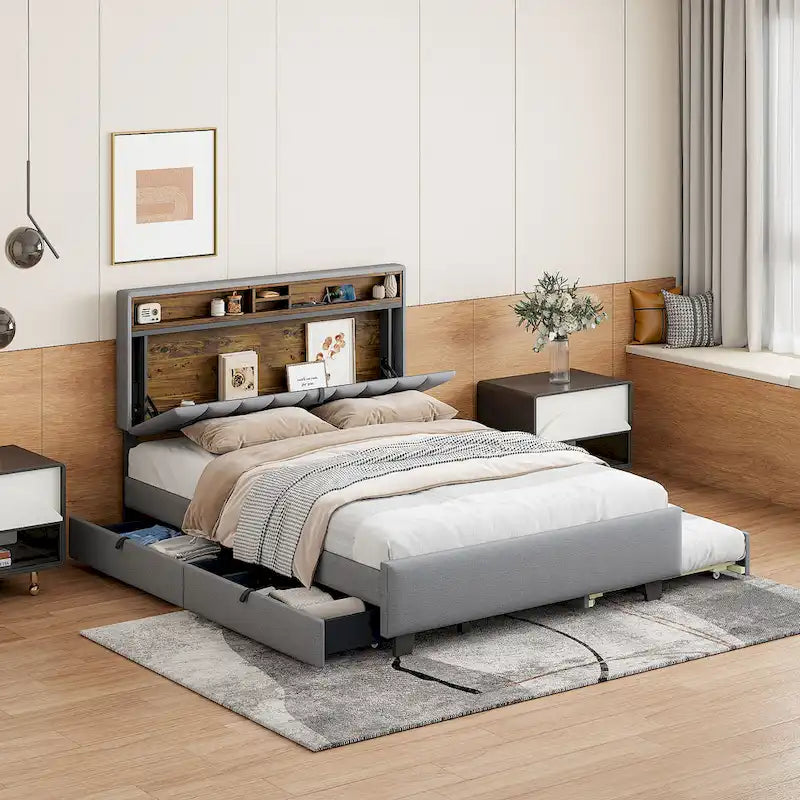 Linen Upholstered Platform Bed with Storage Headboard, Trundle, Drawers and USB Charging