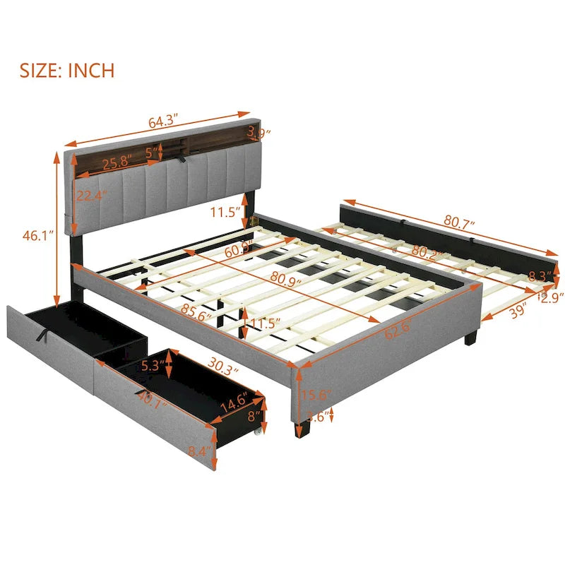 Linen Upholstered Platform Bed with Storage Headboard, Trundle, Drawers and USB Charging
