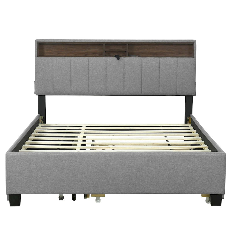 Linen Upholstered Platform Bed with Storage Headboard, Trundle, Drawers and USB Charging
