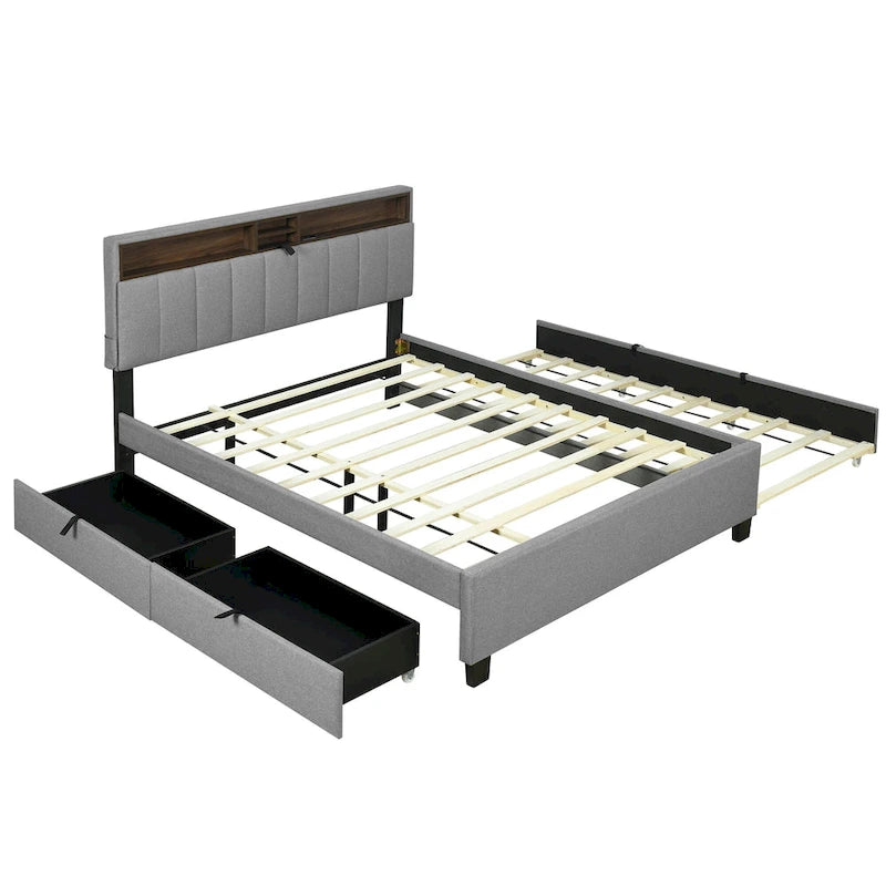 Linen Upholstered Platform Bed with Storage Headboard, Trundle, Drawers and USB Charging