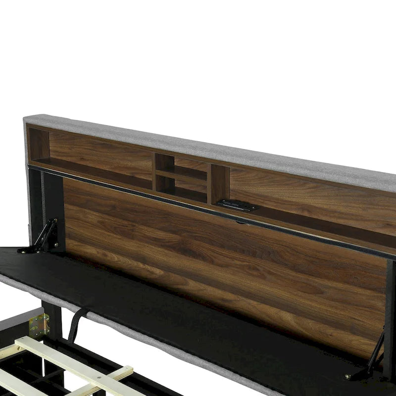 Linen Upholstered Platform Bed with Storage Headboard, Trundle, Drawers and USB Charging