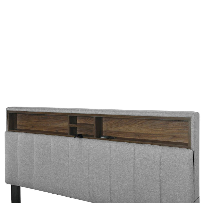 Linen Upholstered Platform Bed with Storage Headboard, Trundle, Drawers and USB Charging