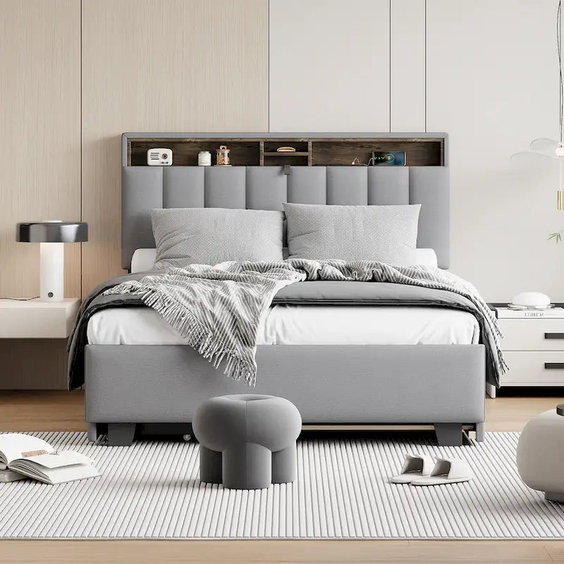 Linen Upholstered Platform Bed with Storage Headboard, Trundle, Drawers and USB Charging