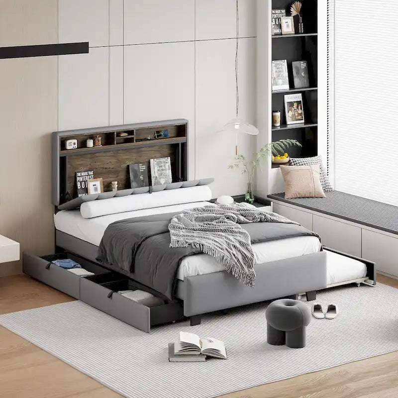 Linen Upholstered Platform Bed with Storage Headboard, Trundle, Drawers and USB Charging
