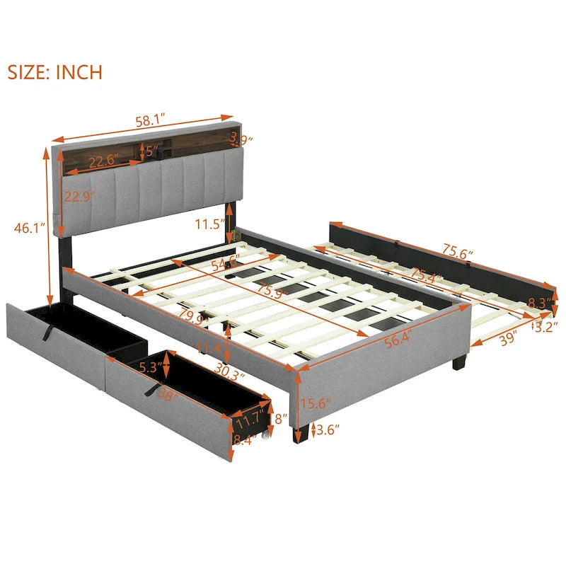 Linen Upholstered Platform Bed with Storage Headboard, Trundle, Drawers and USB Charging