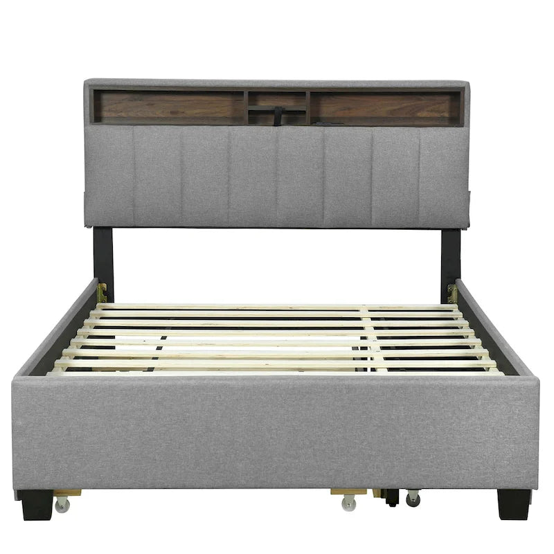 Linen Upholstered Platform Bed with Storage Headboard, Trundle, Drawers and USB Charging