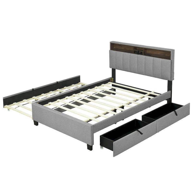 Linen Upholstered Platform Bed with Storage Headboard, Trundle, Drawers and USB Charging