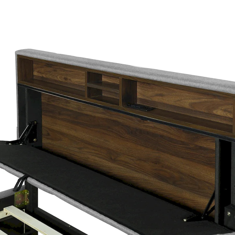 Linen Upholstered Platform Bed with Storage Headboard, Trundle, Drawers and USB Charging