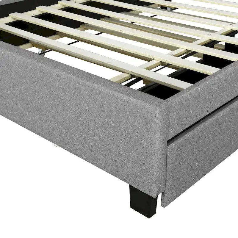 Linen Upholstered Platform Bed with Storage Headboard, Trundle, Drawers and USB Charging