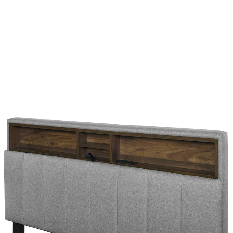 Linen Upholstered Platform Bed with Storage Headboard, Trundle, Drawers and USB Charging