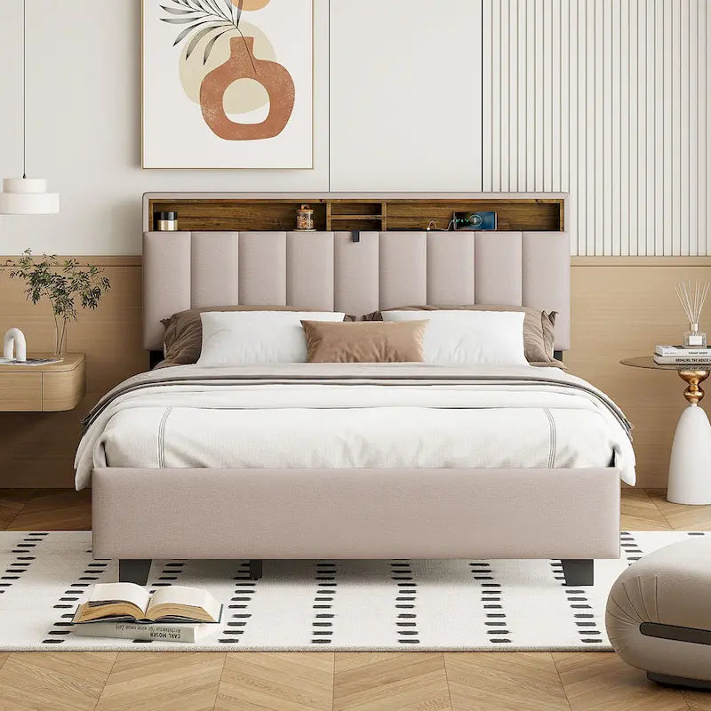 Linen Upholstered Platform Bed with Storage Headboard, Trundle, Drawers and USB Charging