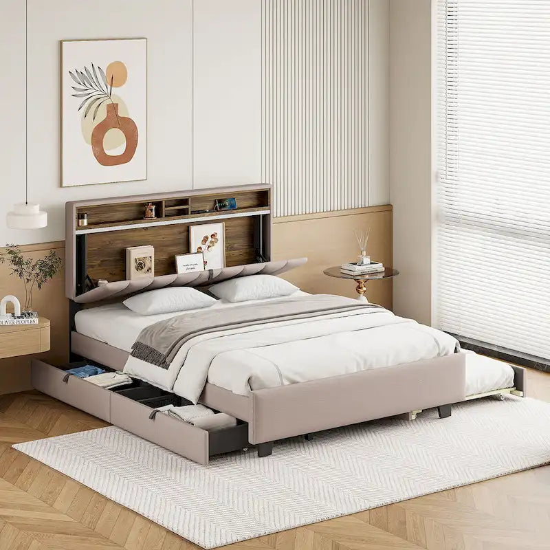 Linen Upholstered Platform Bed with Storage Headboard, Trundle, Drawers and USB Charging