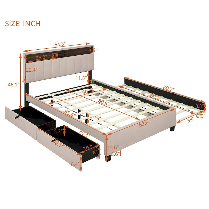 Linen Upholstered Platform Bed with Storage Headboard, Trundle, Drawers and USB Charging