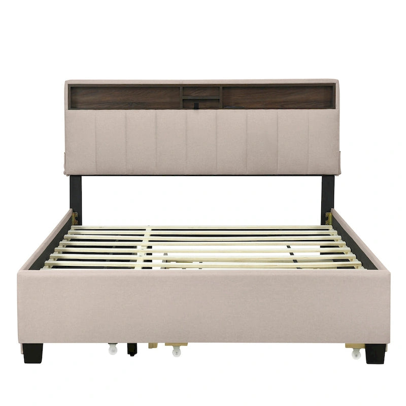 Linen Upholstered Platform Bed with Storage Headboard, Trundle, Drawers and USB Charging