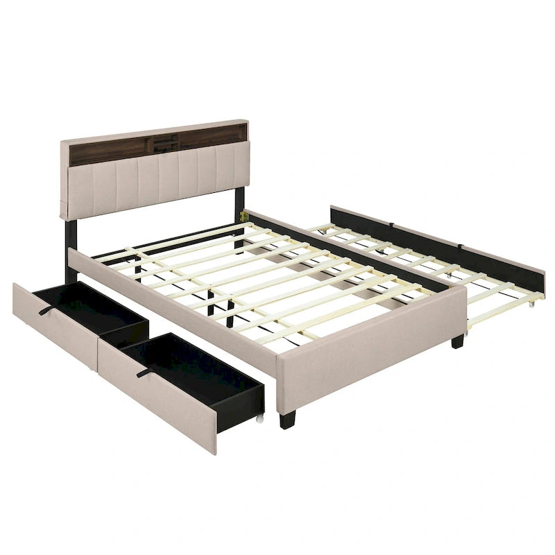 Linen Upholstered Platform Bed with Storage Headboard, Trundle, Drawers and USB Charging