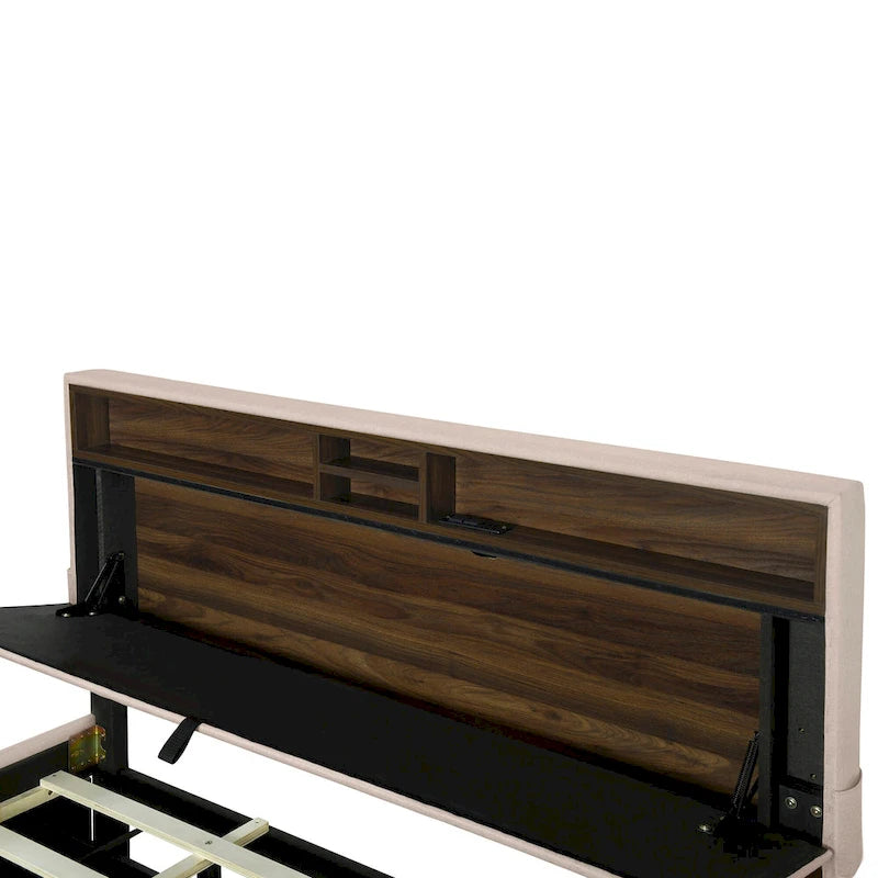 Linen Upholstered Platform Bed with Storage Headboard, Trundle, Drawers and USB Charging