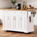 54-Inch Rustic Rolling Kitchen Island with Rubber Wood Drop Leaf, Drawers and Cabinet Storage
