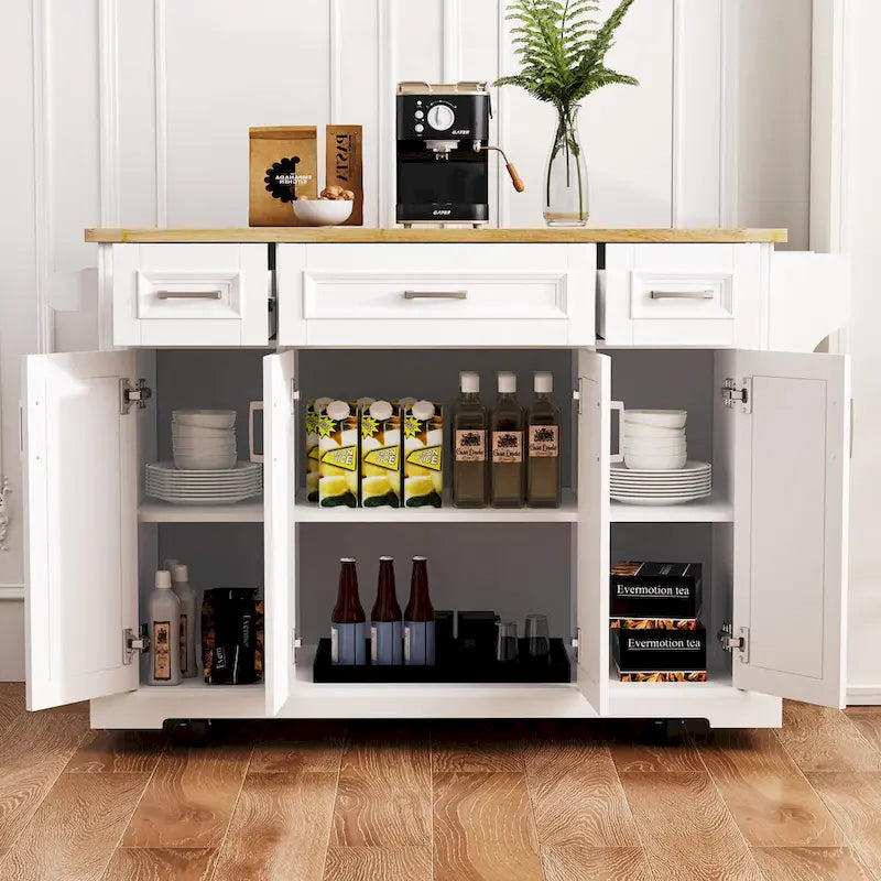 54-Inch Rustic Rolling Kitchen Island with Rubber Wood Drop Leaf, Drawers and Cabinet Storage