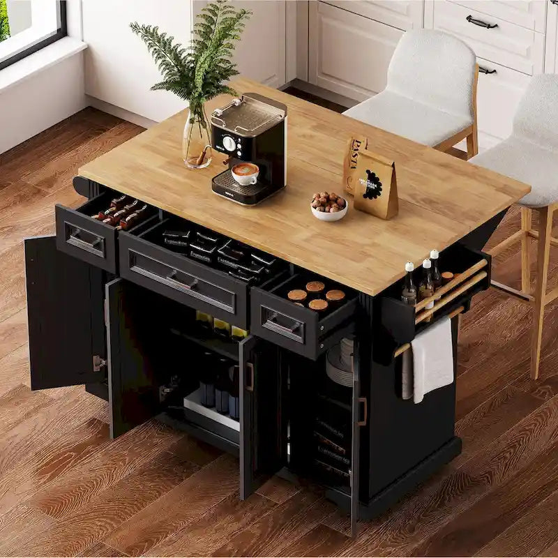 54-Inch Rustic Rolling Kitchen Island with Rubber Wood Drop Leaf, Drawers and Cabinet Storage