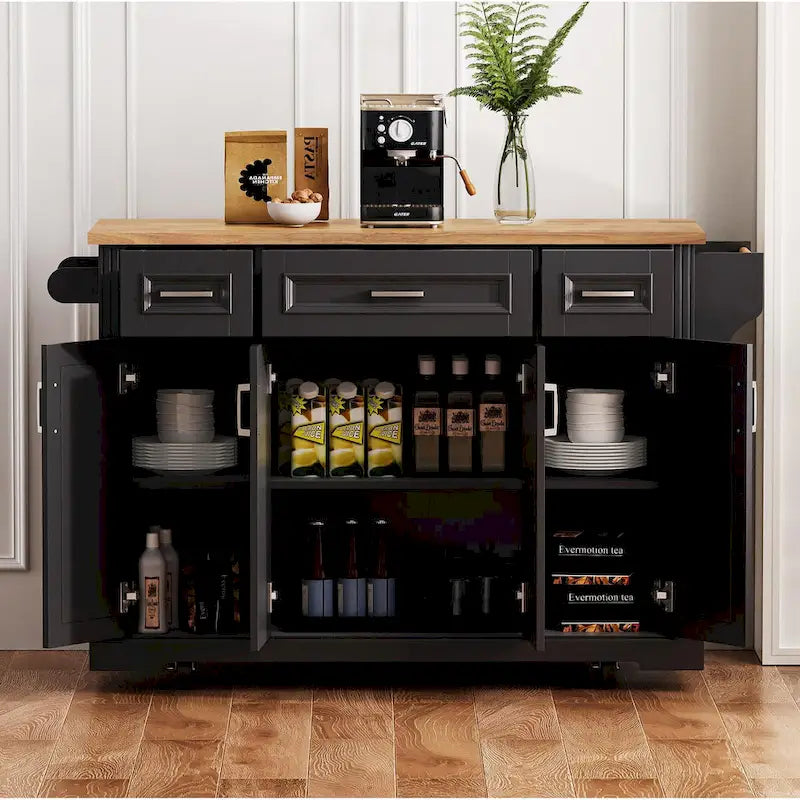 54-Inch Rustic Rolling Kitchen Island with Rubber Wood Drop Leaf, Drawers and Cabinet Storage