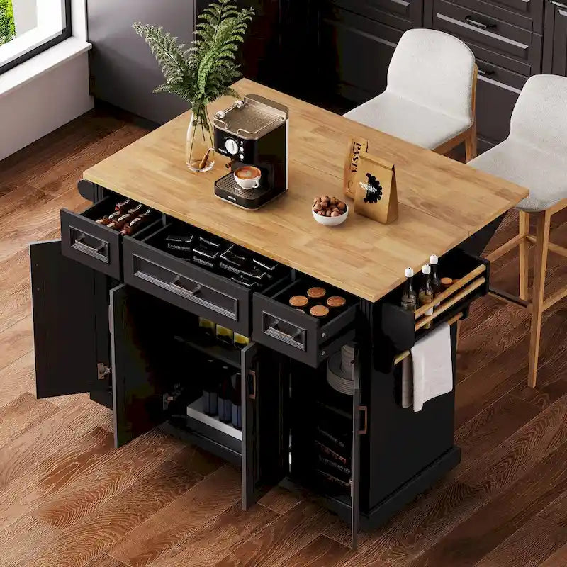 54-Inch Rustic Rolling Kitchen Island with Rubber Wood Drop Leaf, Drawers and Cabinet Storage