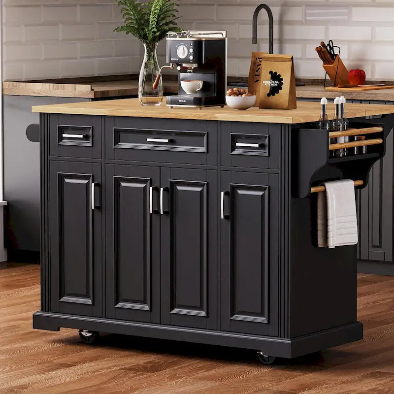 54-Inch Rustic Rolling Kitchen Island with Rubber Wood Drop Leaf, Drawers and Cabinet Storage