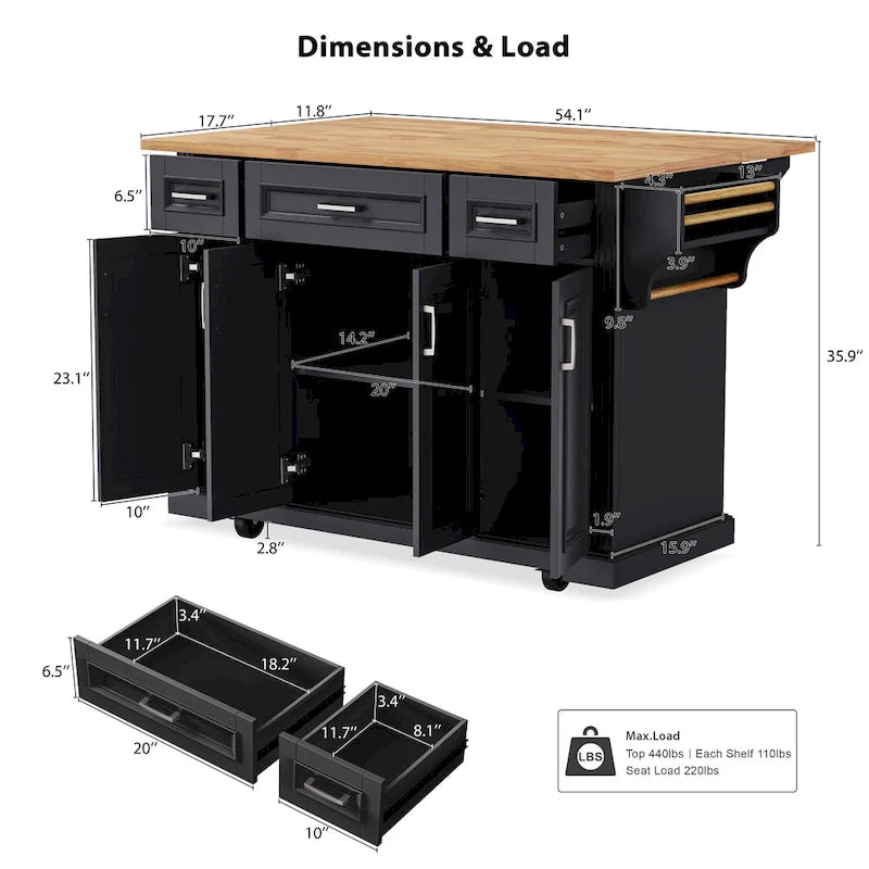 54-Inch Rustic Rolling Kitchen Island with Rubber Wood Drop Leaf, Drawers and Cabinet Storage