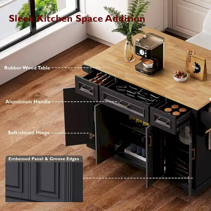54-Inch Rustic Rolling Kitchen Island with Rubber Wood Drop Leaf, Drawers and Cabinet Storage