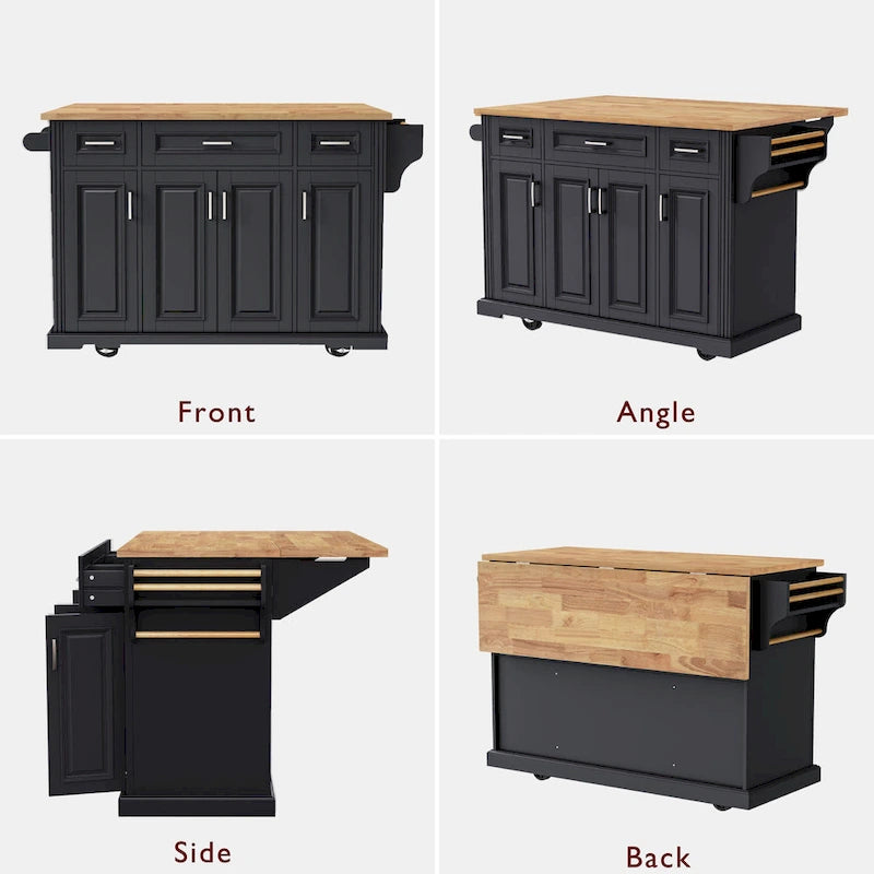 54-Inch Rustic Rolling Kitchen Island with Rubber Wood Drop Leaf, Drawers and Cabinet Storage
