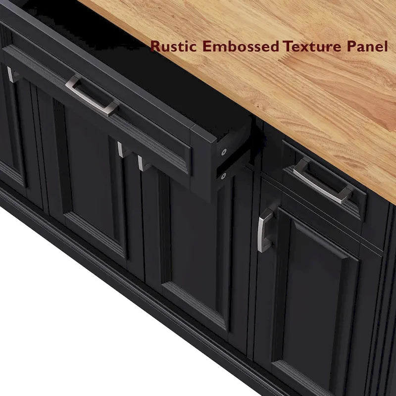 54-Inch Rustic Rolling Kitchen Island with Rubber Wood Drop Leaf, Drawers and Cabinet Storage